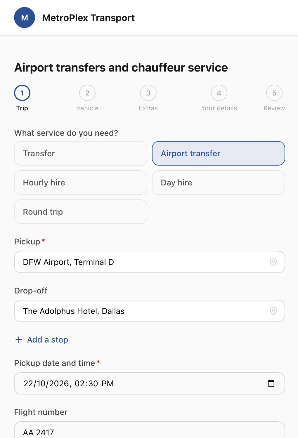 The public booking form on a phone: the customer picks an airport transfer, enters the pickup at the airport terminal, the hotel drop-off, the pickup time and the flight number.