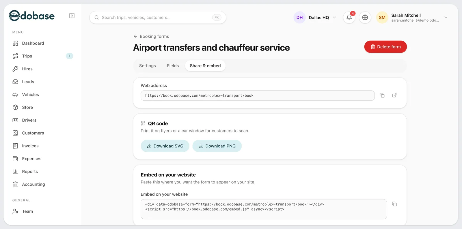 Sharing a booking form: its web address on book.odobase.com, a QR code to download as SVG or PNG, and the code that embeds the form in your own website.