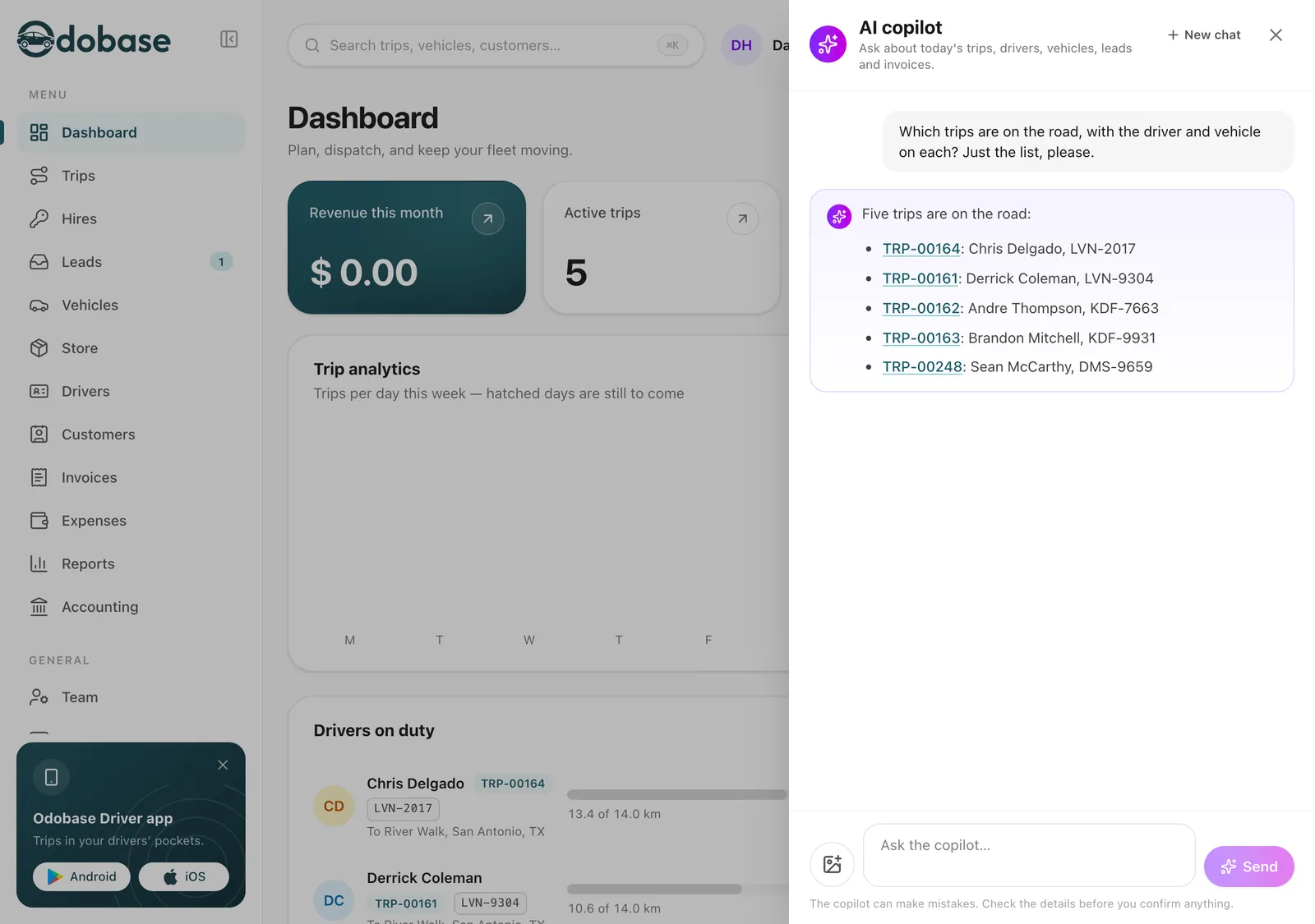 The AI copilot panel open beside the Odobase dashboard, listing the five trips on the road, each with its trip number, driver and vehicle plate.