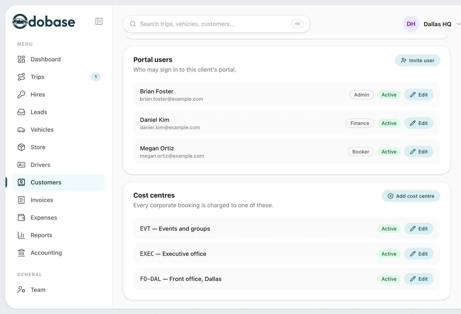 A hotel client's portal users with their admin, finance and booker roles, and the cost centres every corporate booking is charged to.