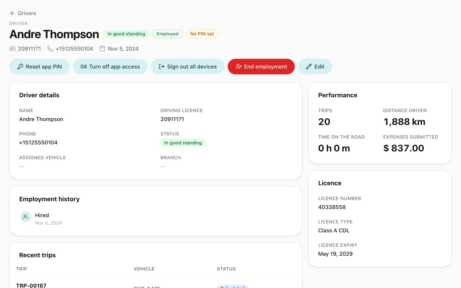 A driver's page in the dashboard with their licence, phone and standing, app access actions such as resetting the PIN, their performance and their recent trips.