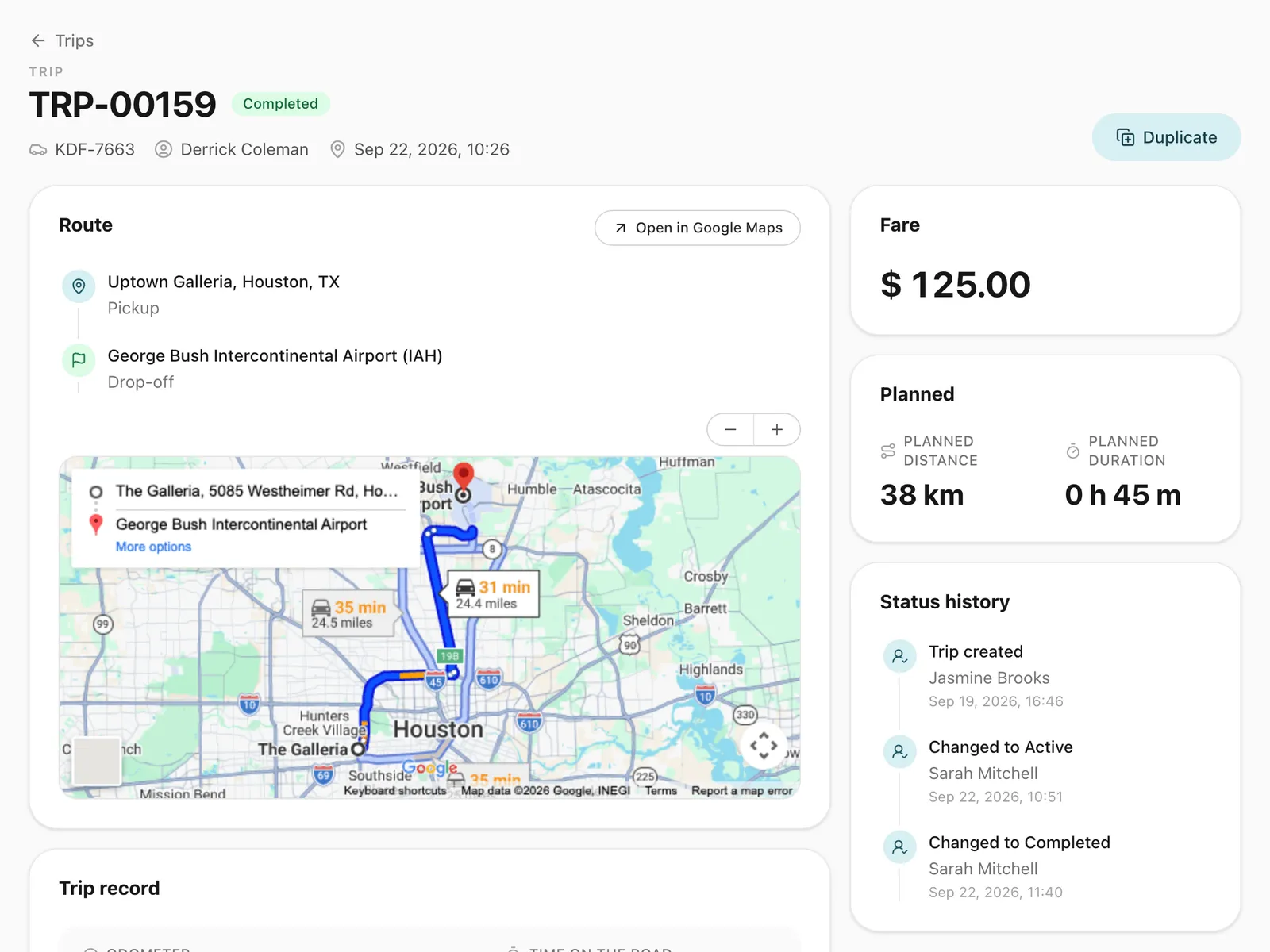 A completed chauffeured airport transfer: the pickup and drop-off with the route on a map, the fare, the planned distance and time, and the status history from booking to completion.