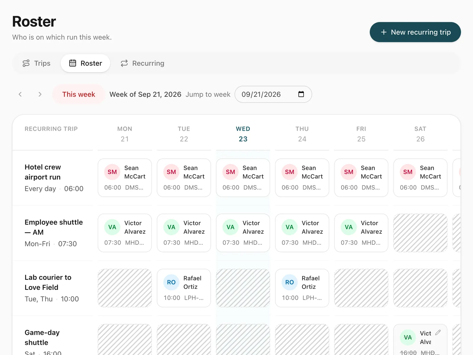 The weekly roster of standing duties such as crew airport runs and employee shuttles, with the driver and vehicle booked for each day and the days a duty does not run.