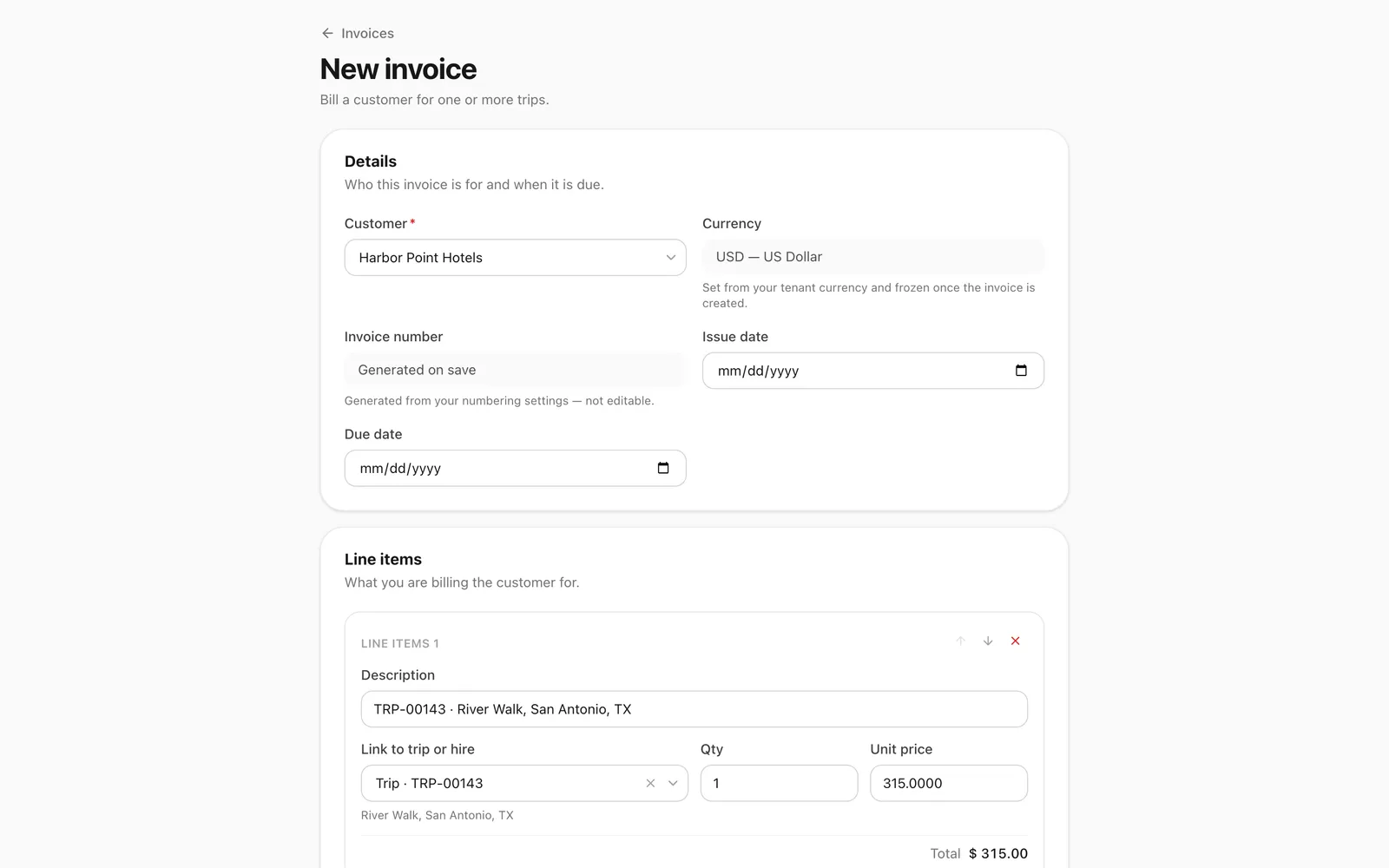 Creating an invoice: the customer chosen, the currency set from the account, and a completed trip linked as the first line with its description and price filled in.
