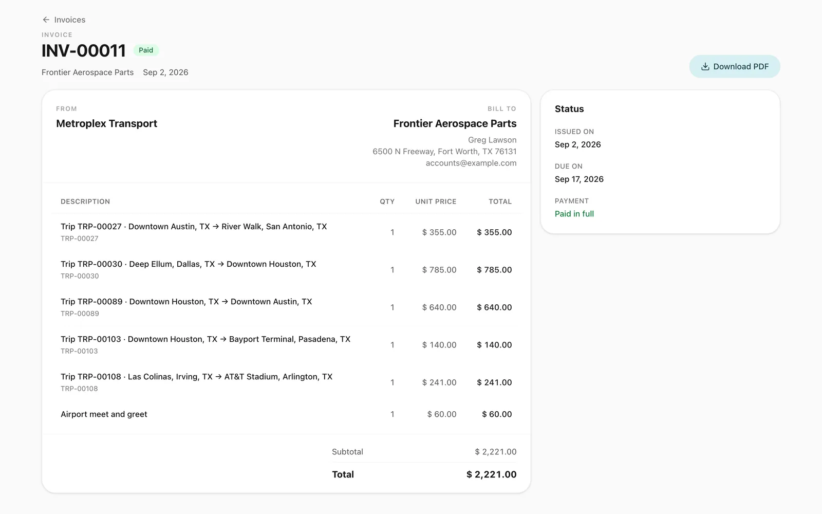 A paid invoice listing the customer's completed trips as lines with the route of each, the total and the payment recorded as paid in full.