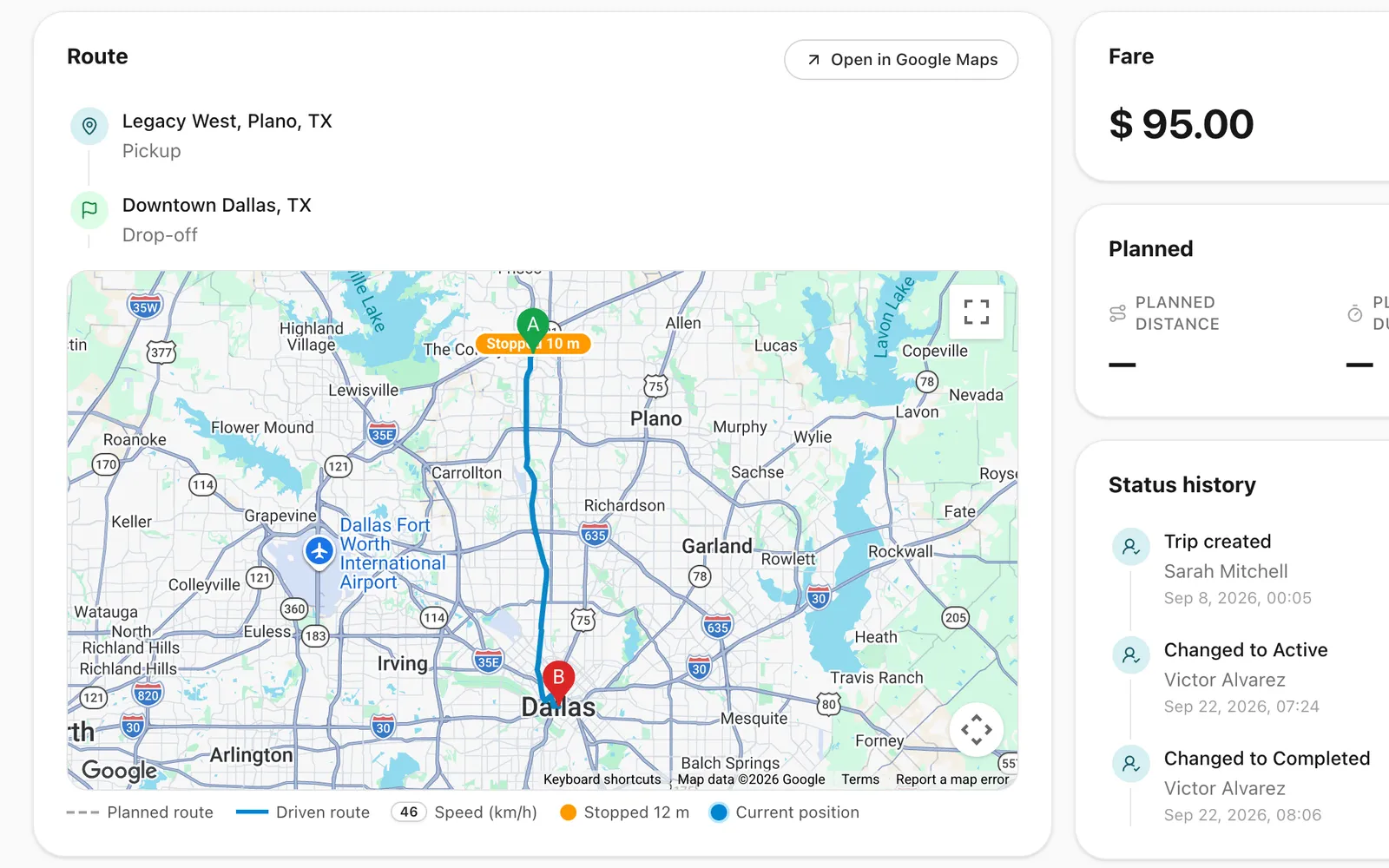A completed trip from Plano to downtown Dallas, with the whole route the vehicle actually drove drawn on the map.