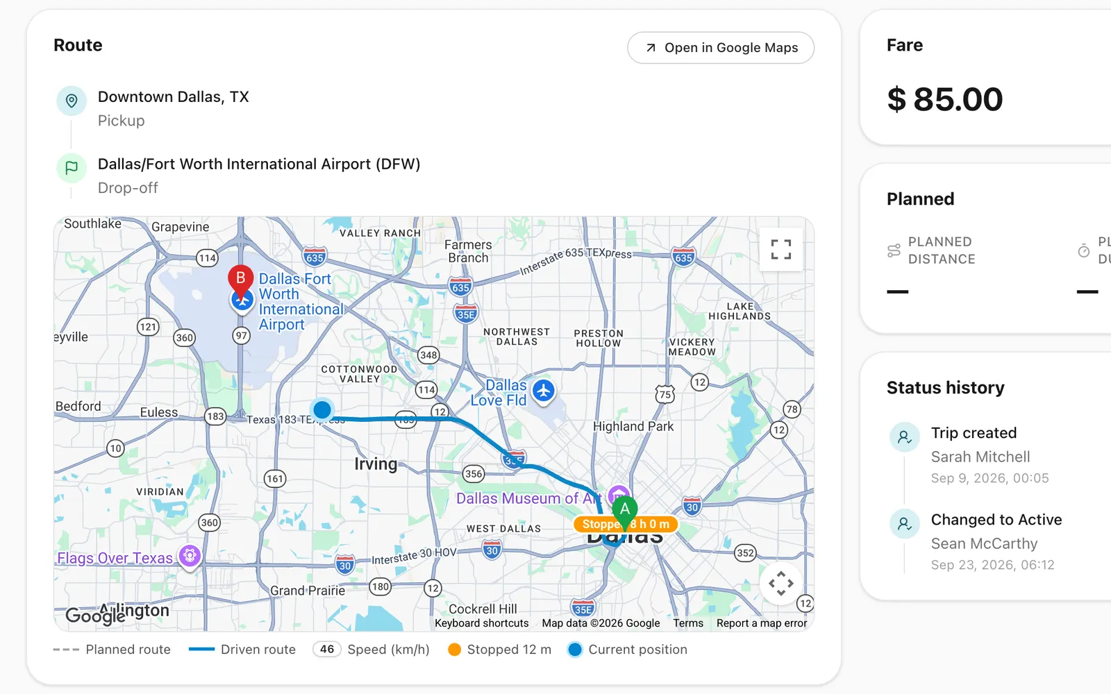 A running trip from downtown Dallas to DFW airport, with the route recorded by the driver's phone drawn behind the vehicle's current position.