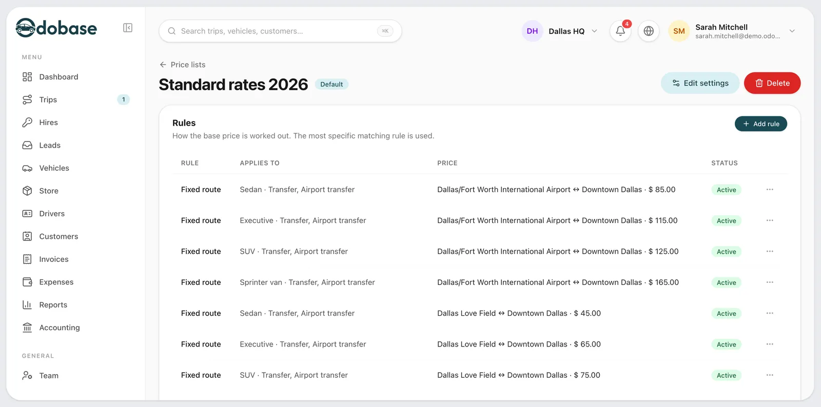 A default price list's rules: fixed prices by vehicle class between Dallas/Fort Worth airport, Love Field and Downtown Dallas, each for transfers and airport transfers.