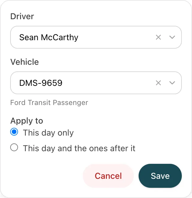 Changing the driver or vehicle of one day of a standing duty, applied to just that day or to that day and every day after it.
