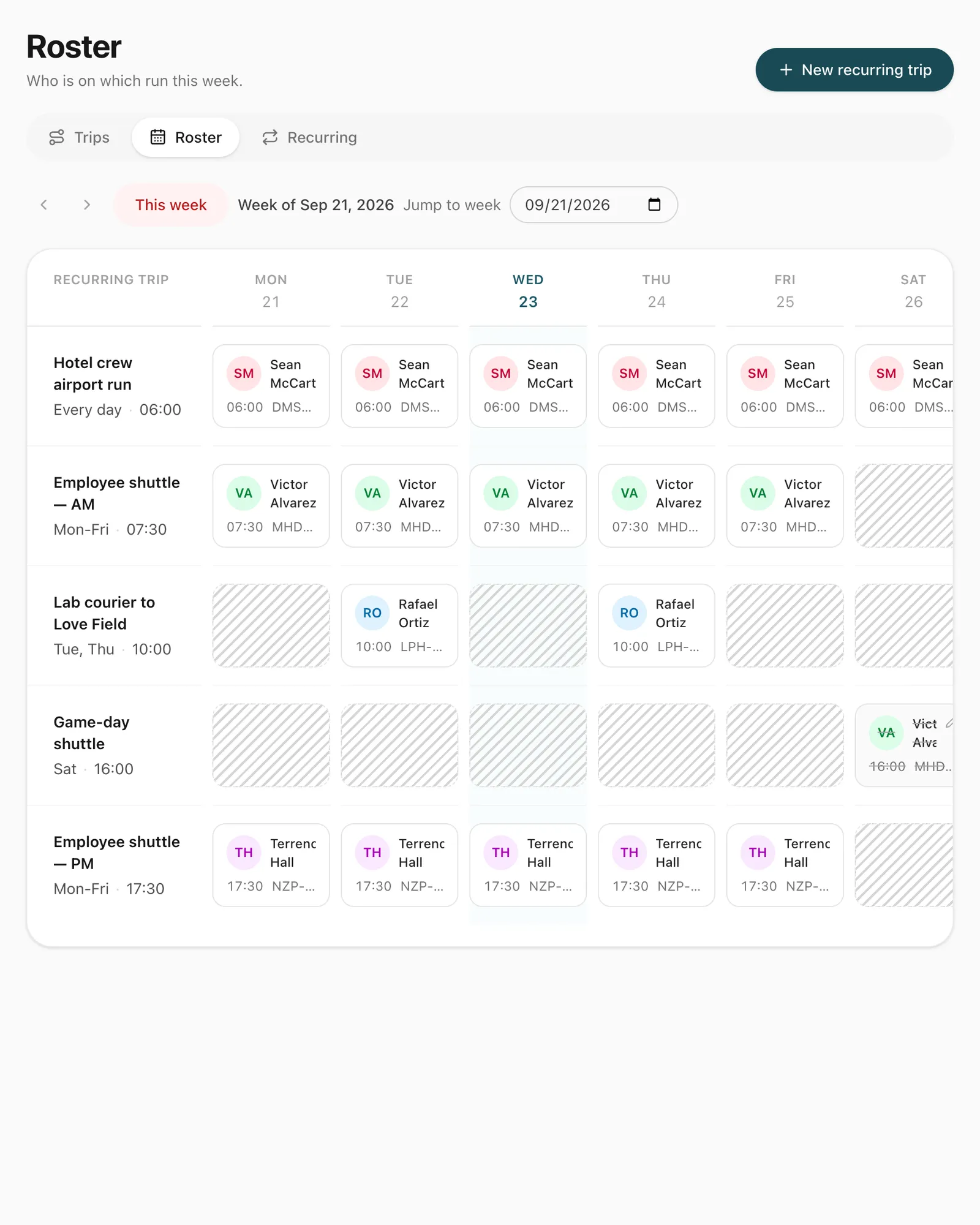 The weekly roster: one row per standing duty and one column per day, each cell showing the driver, start time and vehicle booked for it.