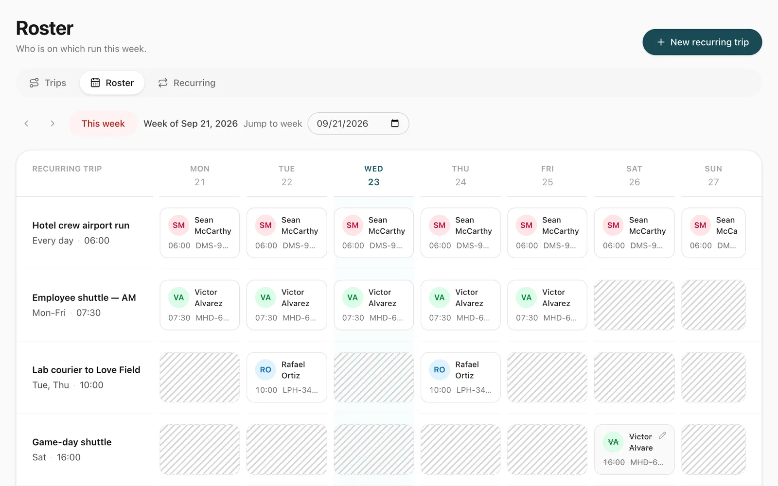 The weekly roster: one row per standing duty and one column per day, each cell showing the driver, start time and vehicle booked for it.