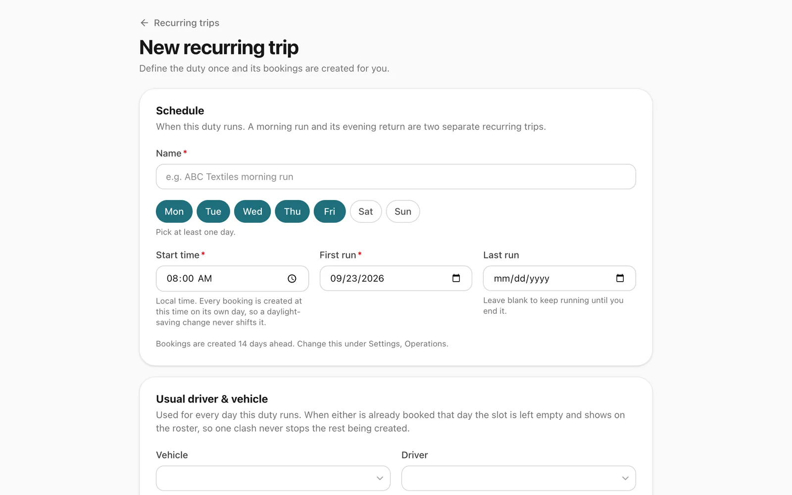 Setting up a standing duty: its name, the weekdays it runs, the start time, the first and last run, and the usual driver and vehicle.