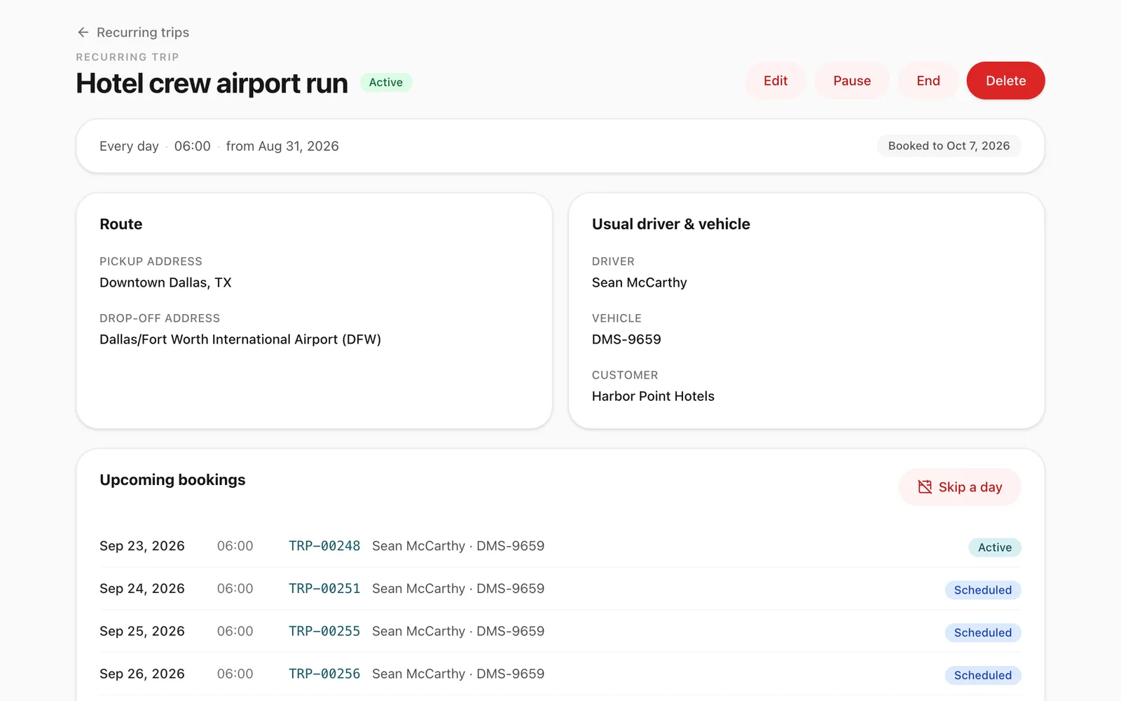 A standing duty's page with its schedule, route, usual driver, vehicle and customer, the bookings it has made and the actions to skip a day, pause it or end it.