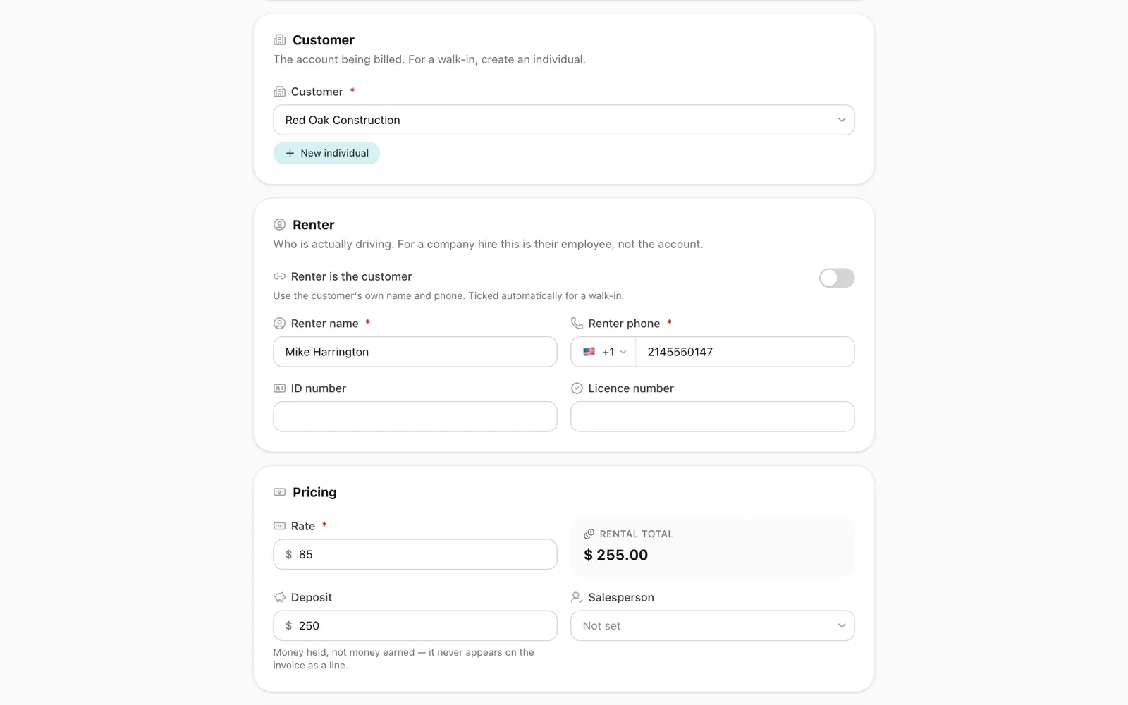 Booking a self-drive hire for a company account: the customer, the employee who drives with a US phone number, the daily rate with the rental total, and the deposit held.