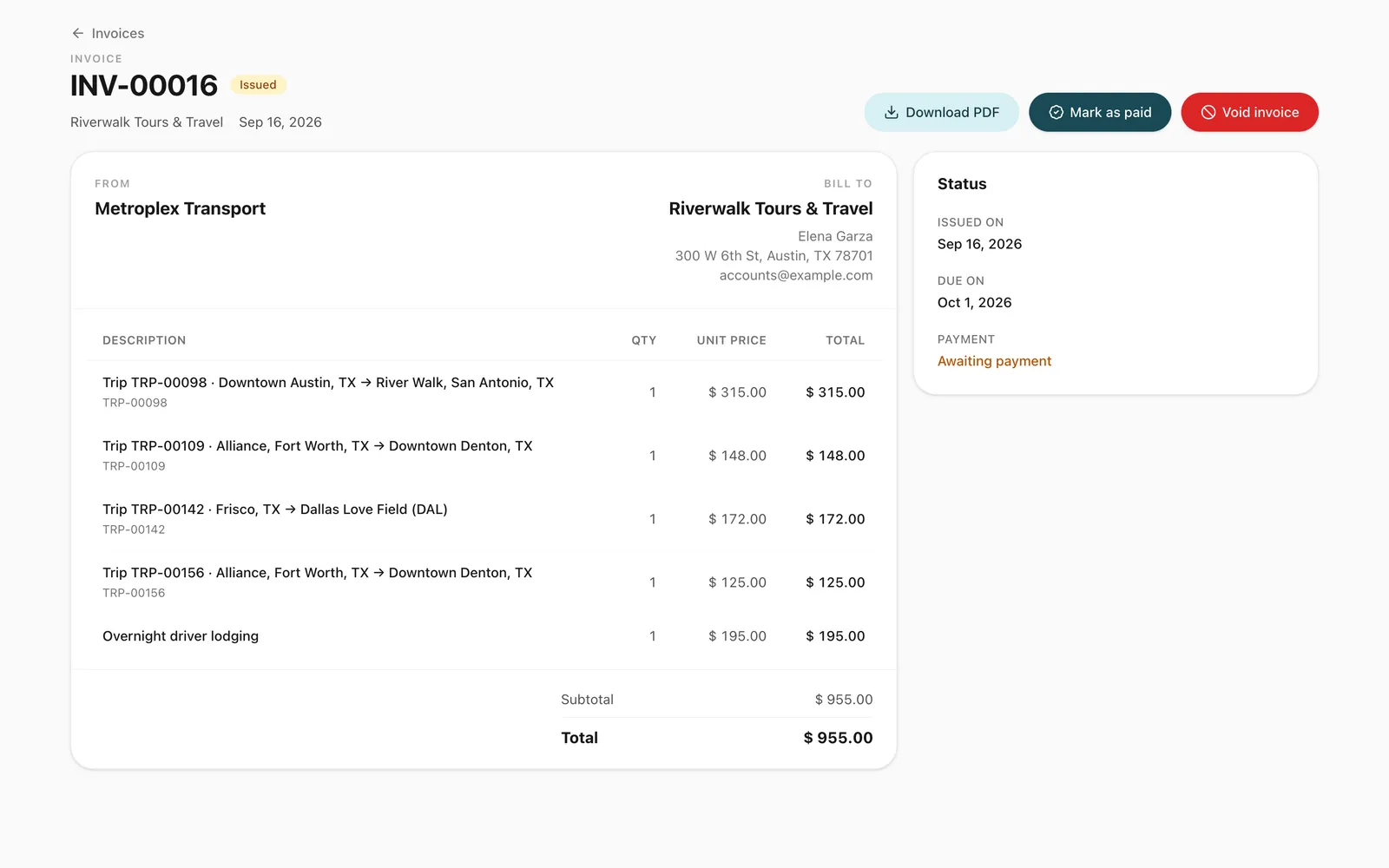 An issued invoice to a tour operator listing its completed trips as lines with the route of each, a driver lodging charge, the total due and the payment status.