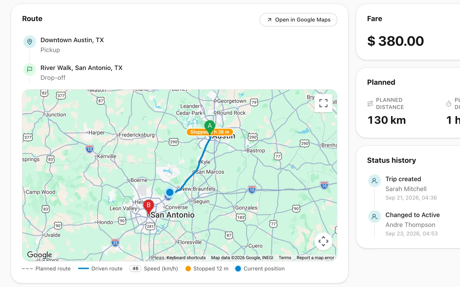 A running trip from Austin to San Antonio on the map: the route recorded by the driver's phone runs from the pickup down the interstate to the vehicle's current position.