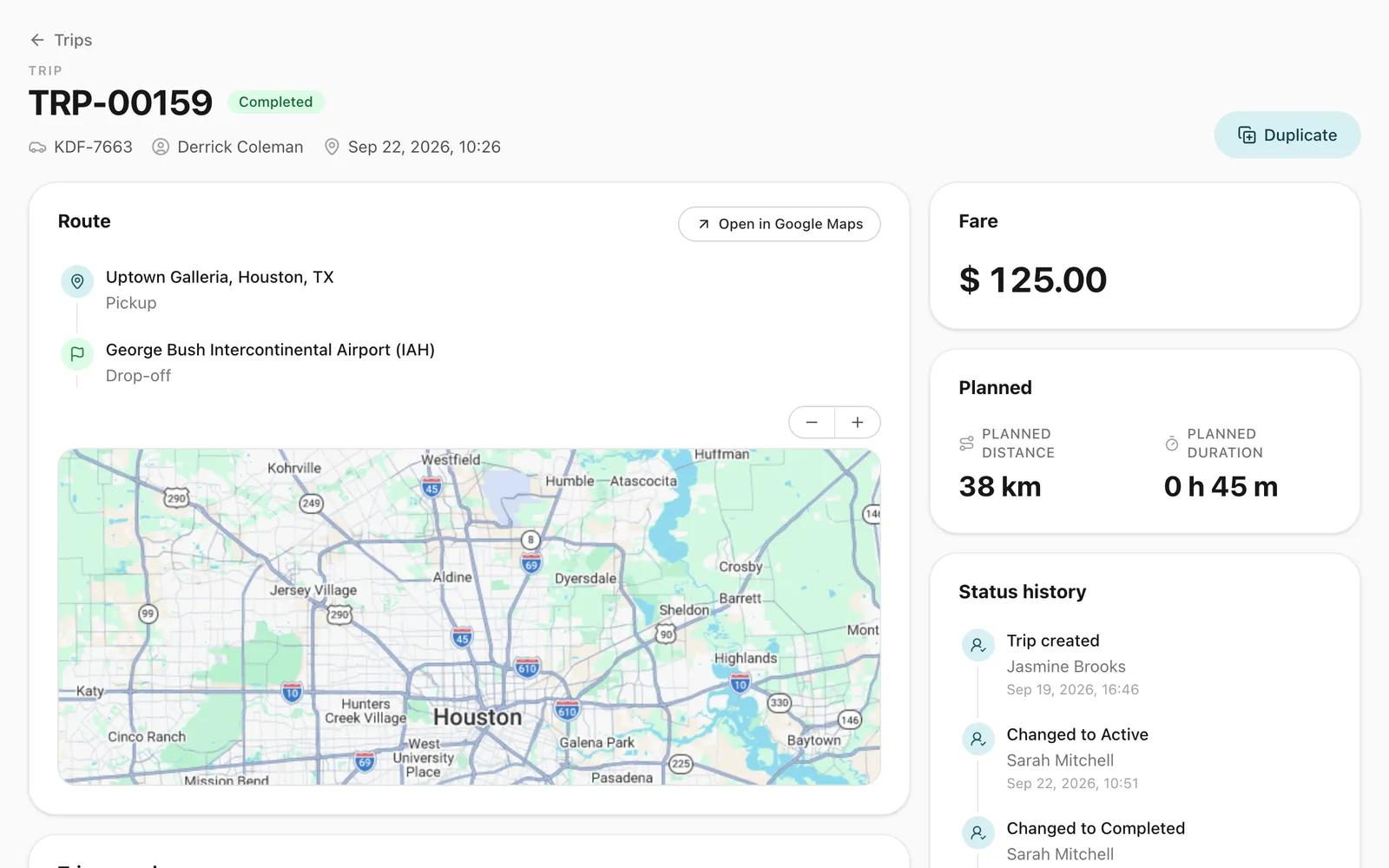 A completed trip's page with its pickup, drop-off and route map, the fare, the planned distance and duration, the status history and the start of its trip record.