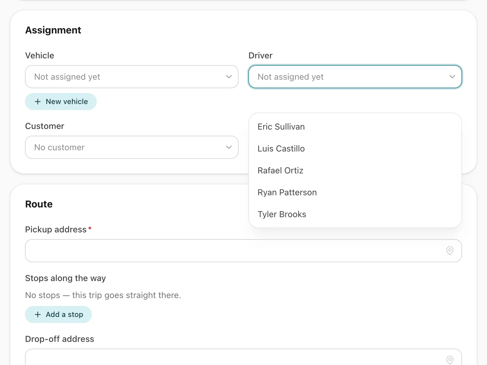 Assigning a driver to a new trip: once the start time is set, the driver picker lists only the drivers who are free at that time.