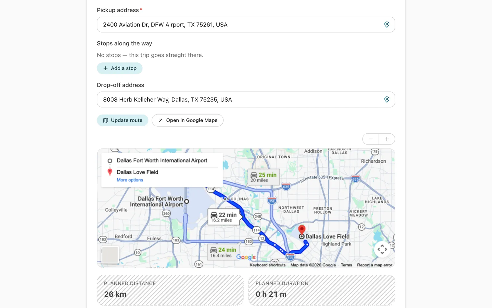 Booking a trip from DFW airport to Dallas Love Field: the route is drawn on the map, with the planned distance and driving time below.