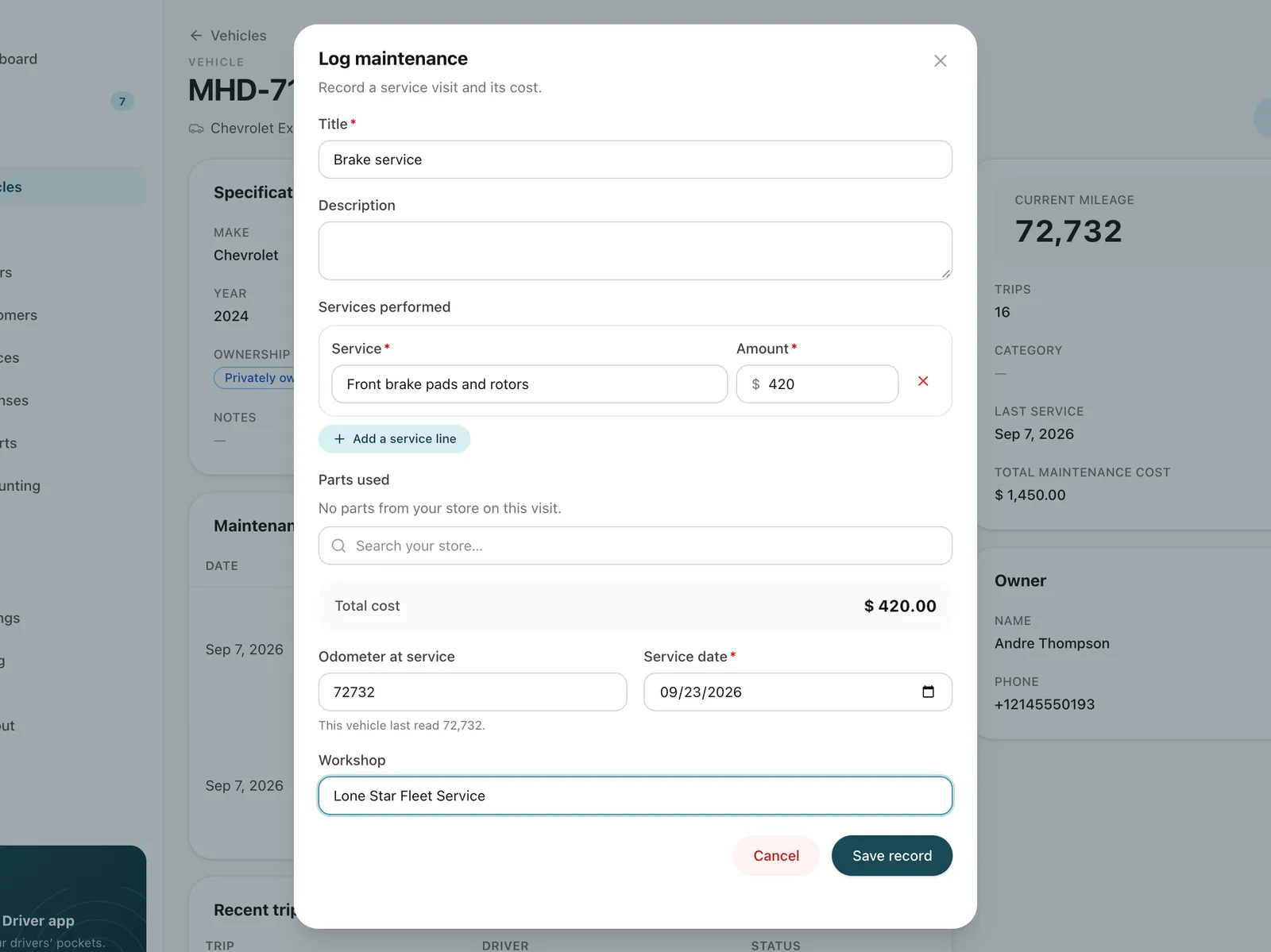Logging a service on a vehicle: the title, each service performed with its cost, parts from the store, the odometer at service, the date and the workshop.